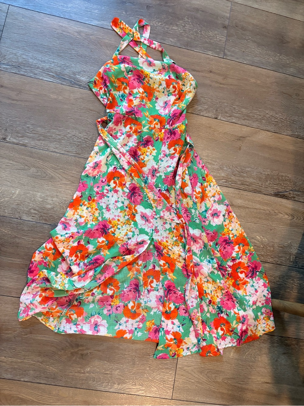 Premier Floral Halter Maxi Dress in Green, Pink & Orange